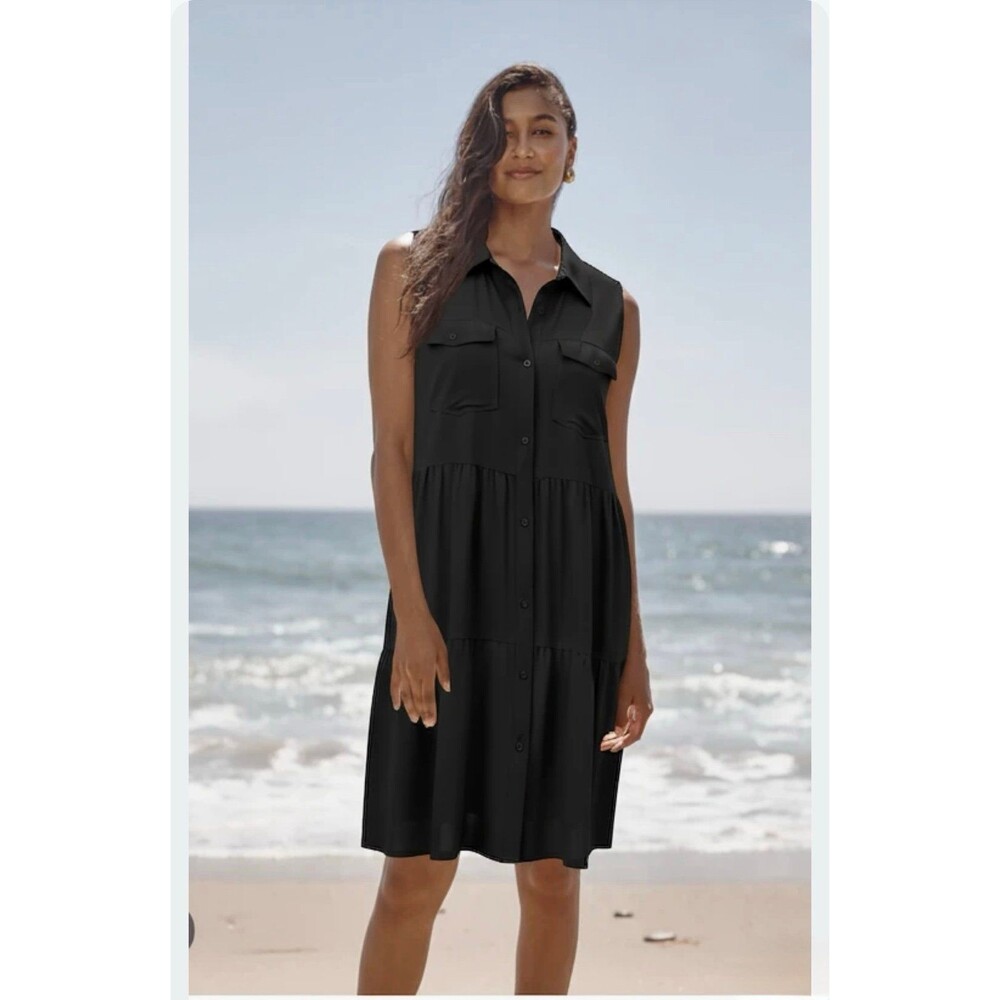 Sleeveless Button Down Summer Dress Black Small